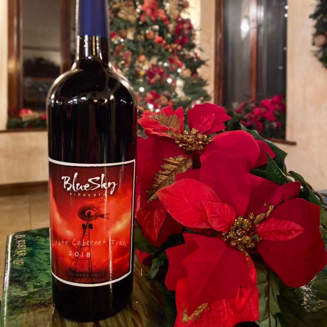 Blue Sky Wine with Christmas Background