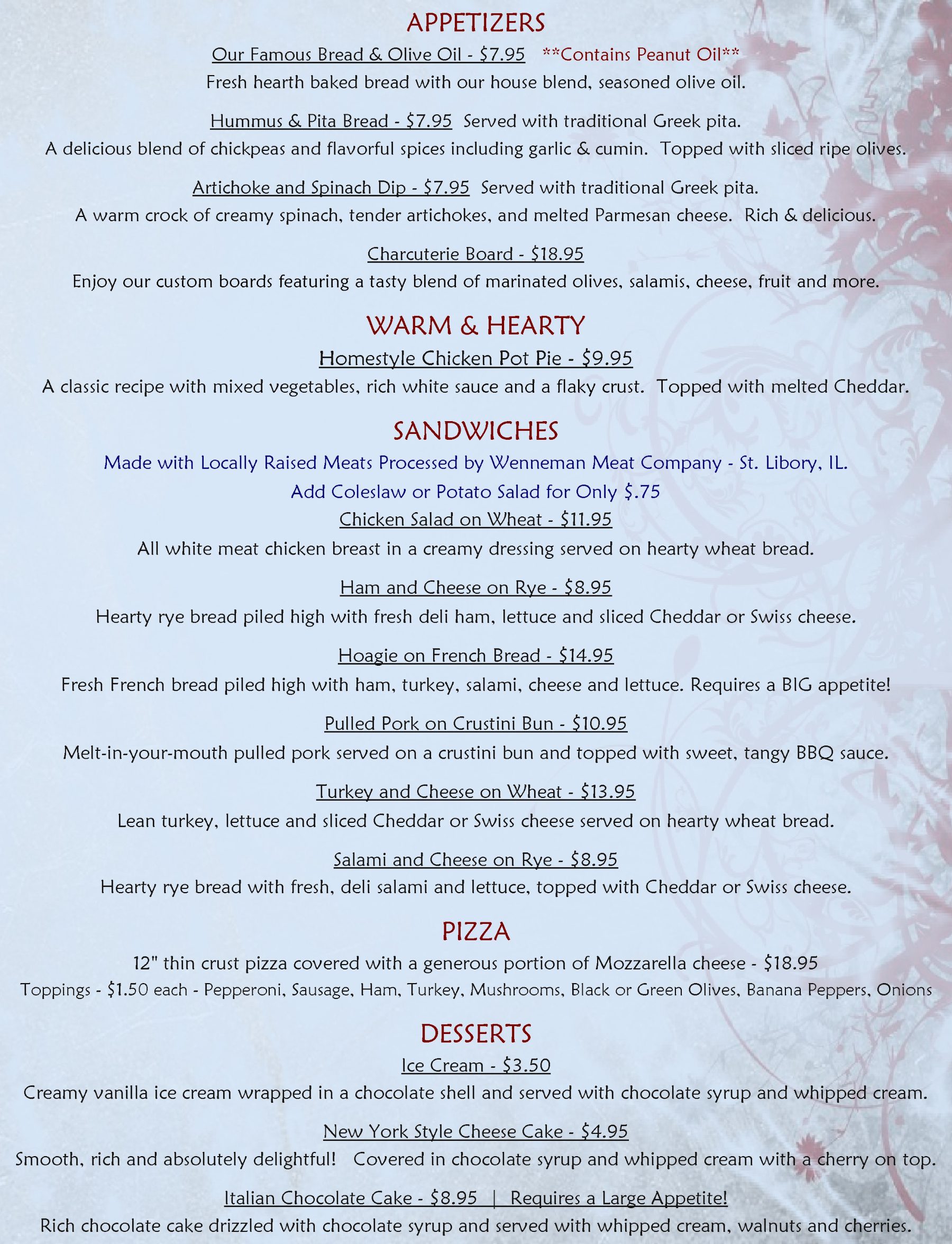 Blue Sky Vineyard Food Menu