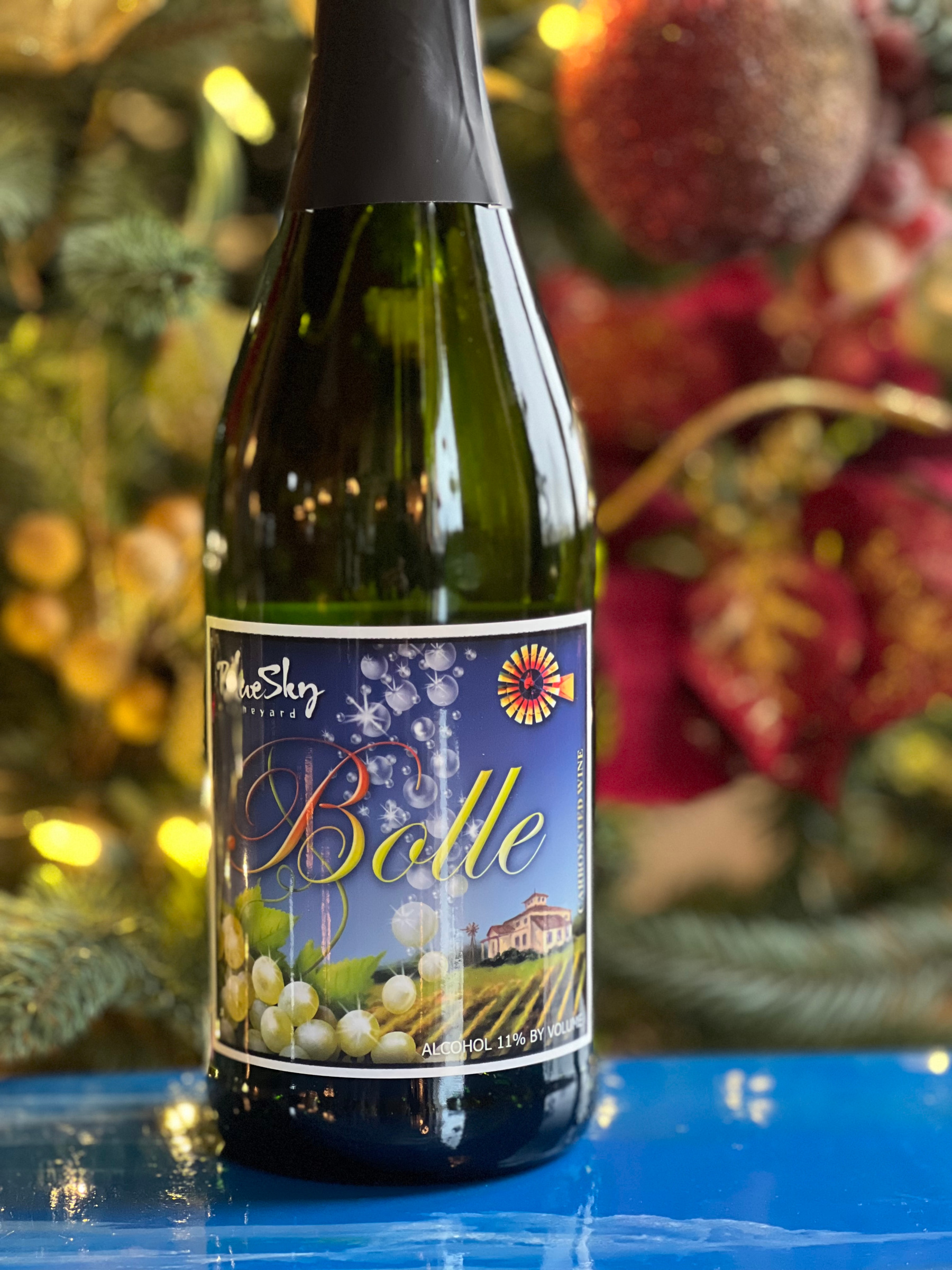 Blue Sky Wine with Christmas Background
